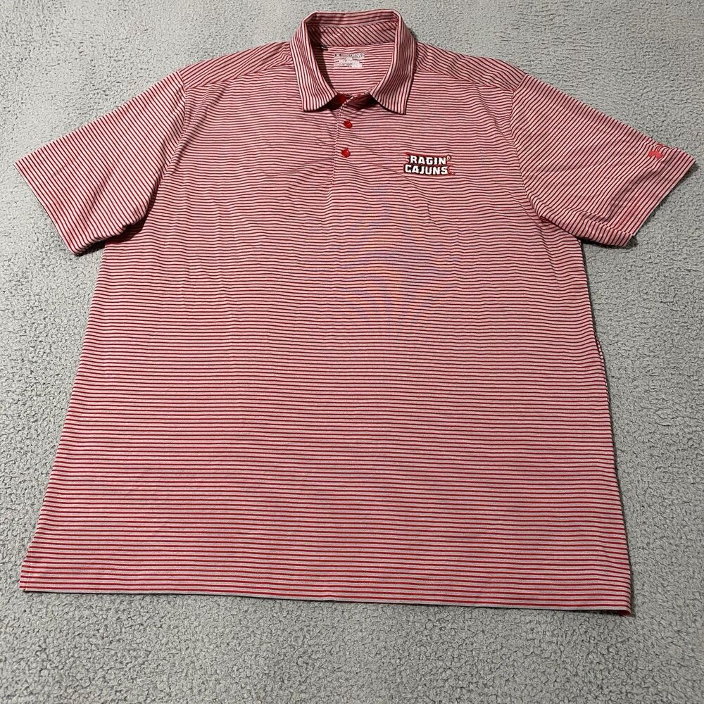 Louisiana Lafayette Rajin Cajuns Polo Shirt Under Armour Mens XXL Red Logo Golf
